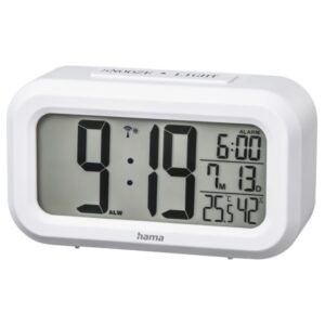 hama rc 660 radio reloj despertador termometro higrometro pantalla digital funcion de repeticion de alarma 2 alarmas configurables 11.8x4x6.5cm color blanco