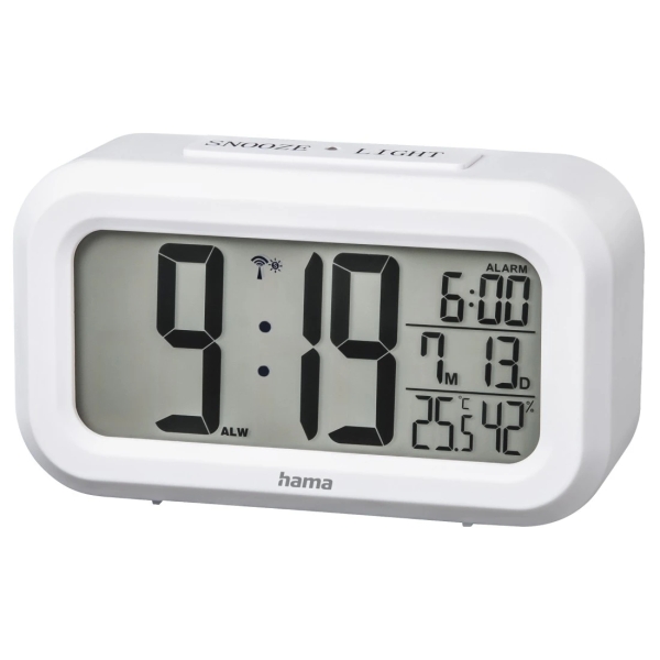 hama rc 660 radio reloj despertador termometro higrometro pantalla digital funcion de repeticion de alarma 2 alarmas configurables 11.8x4x6.5cm color blanco