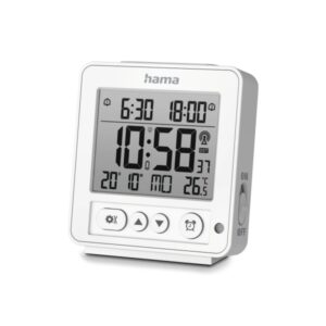 hama rhodes radio reloj despertador pantalla digital termometro funcion de repeticion de alarma 2 alarmas configurables zona horaria ajustable 9x2.5x10cm color blanco