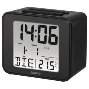 hama cube radio reloj despertador pantalla digital termometro funcion de repeticion de alarma zona horaria ajustable 7x4x6cm color negro
