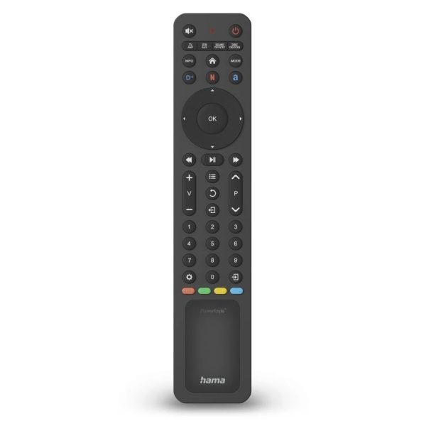 hama mando a distancia para tv universal panel solar de carga alcance 10m 43 botones acceso directo a streaming permite 8 dispositivos simultaneos 23.4x5.1x2.2cm color negro