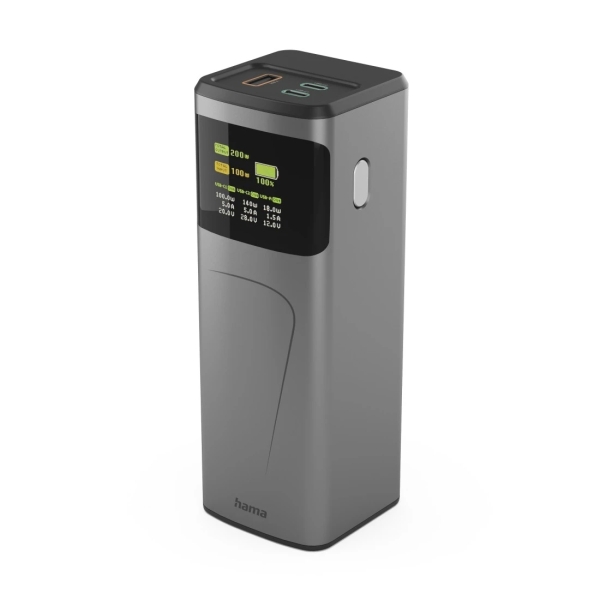 hama high power bateria externa powerbank 24000mah potencia 200w usb c usb a power delivery pantalla tft indicador de carga 3 conexiones de salida 56.27x160x56.27mm color gris