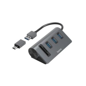 hama essential hub usb 3.2 cable usb a integrado adapatador usb c tarjeta sd tarjeta micro sd 3x usb a color negro y gris