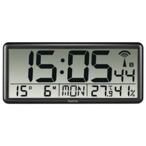 hama jumbo reloj de pared digital termometro higrometro zona horaria ajustable radio 36x16x3cm color negro