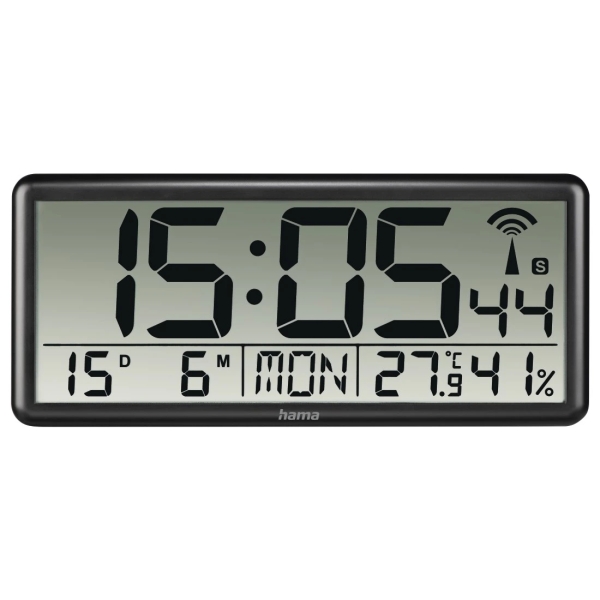 hama jumbo reloj de pared digital termometro higrometro zona horaria ajustable radio 36x16x3cm color negro