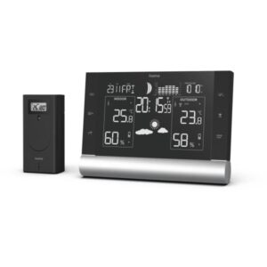 hama black line plus estacion meteorologica reloj prevision meteorologica sensor exterior radiofrecuencia termometro higrometro 17.5x2.2x12.3cm color negro