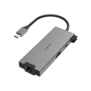 hama essential hub usb 3.2 potencia maxima 100w cable usb c integrado de 15cm lan ethernet 1gbps hdmi 4k usb c 2x usb a power delivery color gris