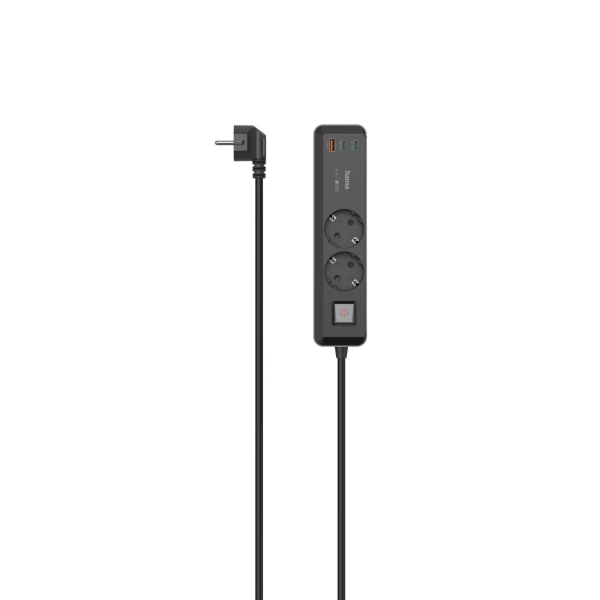 hama regleta alimentacion con 5 tomas potencia maxima 3680w cable 1.4m 2x schuko 2x usb c 1x usb a interruptor de encendido enchufe schuko en angulo 5.3x4x22cm color negro