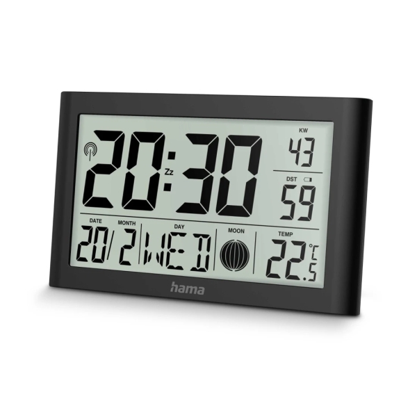 hama martinique reloj de pared digital termometro visualizacion de fases lunares zona horaria ajustable radio 20x12x2.6cm color negro