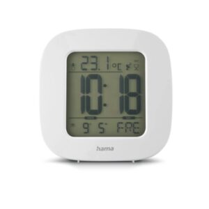 hama rc 45 radio reloj despertador termometro pantalla digital funcion de repeticion de alarma zona horaria ajustable 7.8x4x7.8cm color blanco