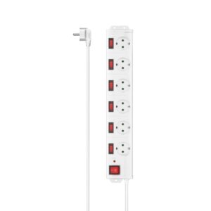 hama regleta alimentacion con 6 tomas potencia maxima 3680w cable 1.4m voltaje 250v interruptor general e individuales enchufe schuko en angulo 7.2x4.1x42.3cm color blanco