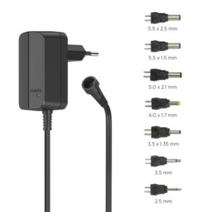 hama fuente de alimentacion multidispositivo potencia 3.6w voltaje 12v indicador led 7 adaptadores intensidad maxima 0.3a voltaje ajustable color negro