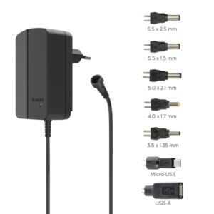 hama fuente de alimentacion multidispositivo potencia 18w voltaje 12v indicador led 7 adaptadores intensidad maxima 1.5a voltaje ajustable color negro