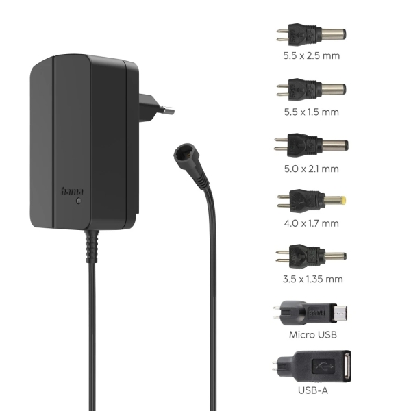 hama fuente de alimentacion multidispositivo potencia 18w voltaje 12v indicador led 7 adaptadores intensidad maxima 1.5a voltaje ajustable color negro