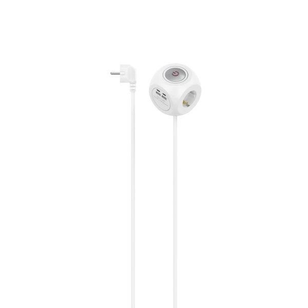 hama regleta alimentacion con 7 tomas 3680w cable 1.4m 3x schuko 2x usb c 2x usb a antideslizante interruptor de encendido forma de cubo enchufe schuko en angulo color blanco