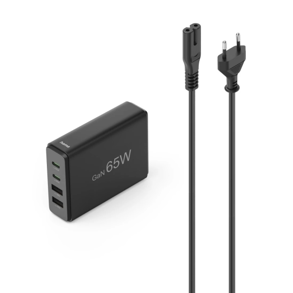 hama estacion de carga usb potencia 65w 2x usb c cable 1.5cm power delivery qualcomm gan color negro