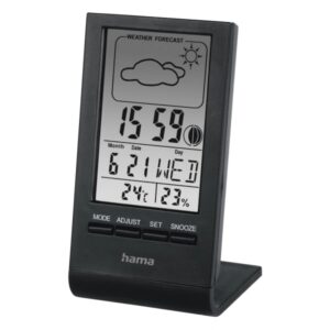 hama medidor de temperatura y humedad para interior pantalla digital reloj prevision meteorologica visualizacion de fases lunares 5.7x5x10.8cm color negro