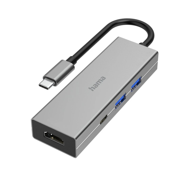 hama essential hub usb 3.2 potencia maxima 100w cable usb c integrado de 15cm hdmi 4k usb c 2x usb a power delivery color gris