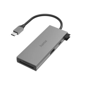 hama essential hub usb 3.2 potencia maxima 100w cable usb c integrado de 15cm power delivery tarjeta sd tarjeta micro sd hdmi 4k usb c 4x usb a color gris