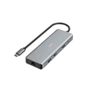 hama essential hub usb 3.2 potencia maxima 100w cable usb c integrado de 15cm lan ethernet 1gbps 2x hdmi 4k 2x usb c 2x usb a power delivery color gris