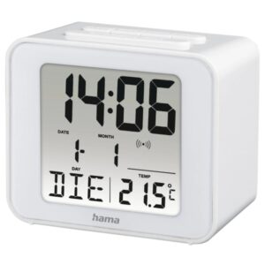 hama cube radio reloj despertador termometro pantalla digital funcion de repeticion de alarma zona horaria ajustable 7x4x6cm color blanco