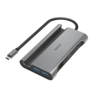 hama essential hub usb 3.2 potencia maxima 100w cable usb c integrado de 15cm lan ethernet 1gbps hdmi 4k 3x usb a 2x usb c power delivery color gris
