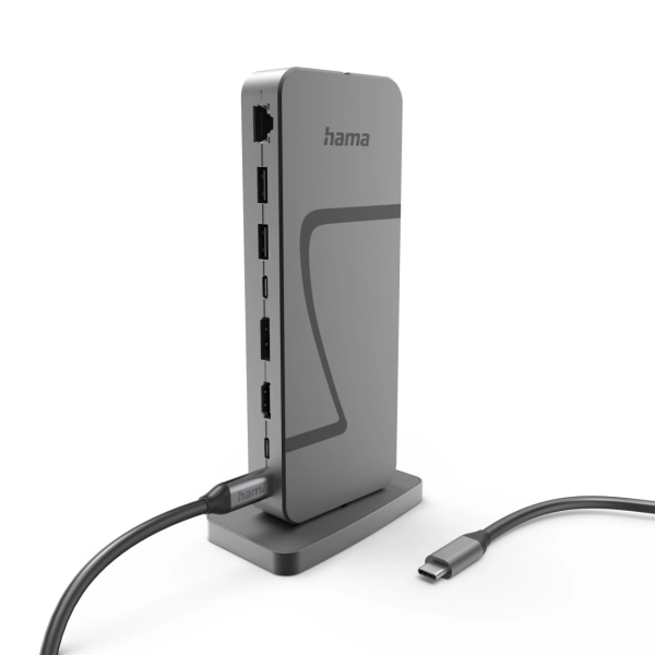 hama essential hub usb 2.0/3.2 potencia maxima 140w cable usb c de 40cm lan ethernet 2.5gbps displayport 8k hdmi 4k 3x usb c 4x usb a color gris