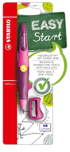stabilo easyergo pack con lapiz retractil + scapuntas mina hb de 3.15mm diseño ergonomico uso zurdo color rosa
