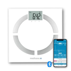 medisana bs444 bascula de analisis corporal con bluetooth medicion de peso, imc, bmr y composicion corporal sensores de alta precision pantalla lcd facil de leer memoria para 8 usuarios sincronizacion con app