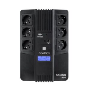 coolbox scudo3 sai 800va 480w 6x schukos usb 2x rj45 proteccion completa frente a picos de tension y cortes de suministro pantalla lcd