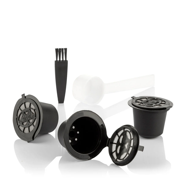 innovagoods recoff pack de 3 capsulas de cafe reutilizables acero inoxidable facil limpieza compatible con cafeteras nespresso sostenible y ecologico 3.9x3cm color negro