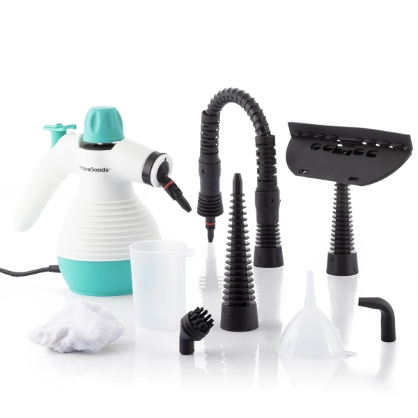 innovagoods limpiador a vapor 1000w autonomia hasta 20minutos capacidad 350ml presion 3bar cable 2.8m ipx4 incluye accesorios boton de seguridad y tapa color blanco y azul