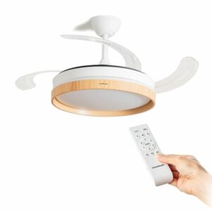 innovagoods woteez ventilador de techo con 4 aspas retractiles 72w 6 velocidades luz led accesorios de montaje mando a distancia temporizador 49 104x42cm color blanco y madera