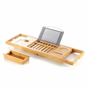 innovagoods trayth bandeja extensible de bambu hasta 104cm soporta hasta 12kg incluye accesorios antideslizante atril plegable soporte de vasos y copas 104x22x4cm color madera