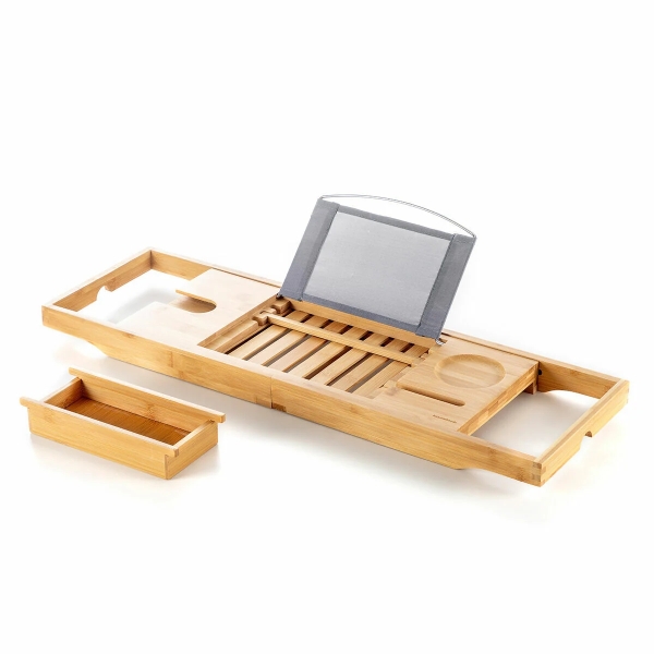 innovagoods trayth bandeja extensible de bambu hasta 104cm soporta hasta 12kg incluye accesorios antideslizante atril plegable soporte de vasos y copas 104x22x4cm color madera