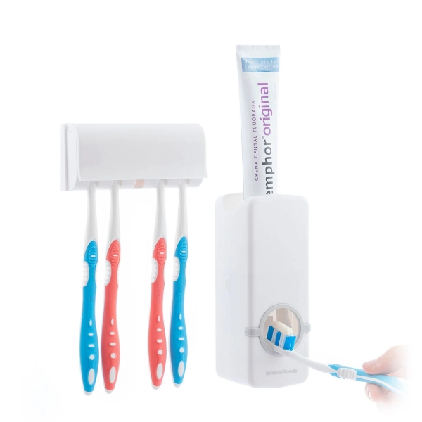 innovagoods diseeth dispensador de pasta dental con organizador para 5 cepillos multifuncion facil limpieza adhesivos de calidad incluidos color blanco