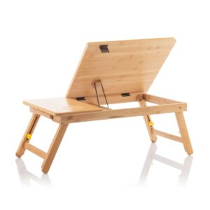 innovagoods lapwood soporte para portatil de bambu plegable inclinacion ajustable cajon posavasos 53.5x21 27x34cm color madera