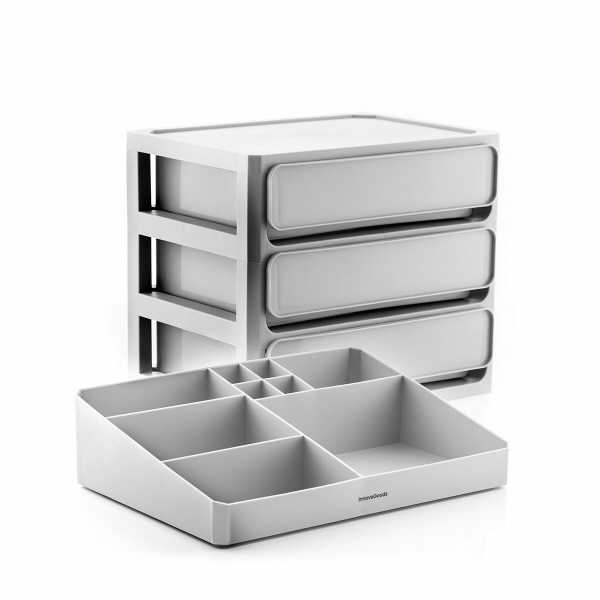 innovagoods makeser organizador de maquillaje 3 cajones bandeja extraible con 9 compartimentos 26x29x19.5cm color gris