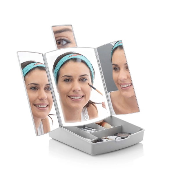 innovagoods panomir espejo con organizador de maquillaje 3 en 1 inalambrico luz led 4 compartimentos plegable pies antideslizantes 38.5x33.5x29cm color gris