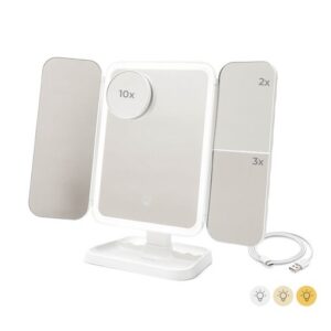 innovagoods miled espejo de maquillaje triptico tactil bateria 2000mah cable usb c incluido luz led recargable plegable pies antideslizantes 21x32x13cm color blanco