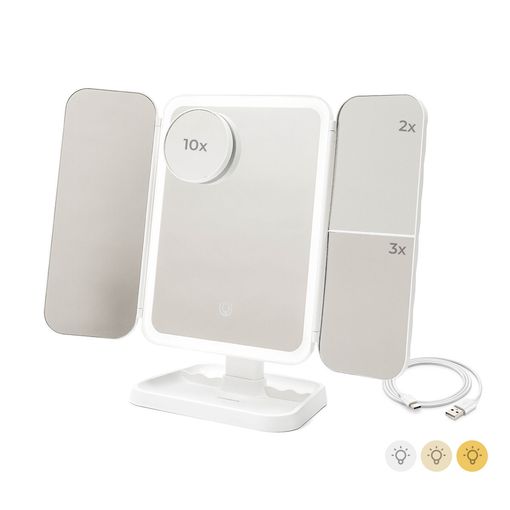 innovagoods miled espejo de maquillaje triptico tactil bateria 2000mah cable usb c incluido luz led recargable plegable pies antideslizantes 21x32x13cm color blanco