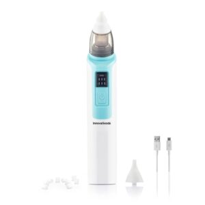 innovagoods nizi aspirador nasal para bebes silencioso 6 velocidades bateria 500mah ergonomico incluye accesorios recargable facil limpieza 3.7x19.4x4.5cm color blanco y azul