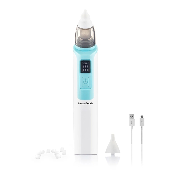 innovagoods nizi aspirador nasal para bebes silencioso 6 velocidades bateria 500mah ergonomico incluye accesorios recargable facil limpieza 3.7x19.4x4.5cm color blanco y azul