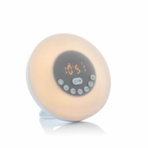 innovagoods sunrilk despertador inalambrico con altavoz bluetooth radio fm bateria 1200mah cable 100cm pantalla lcd recargable temporizador 16x9cm color blanco