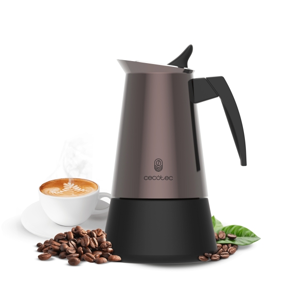 cecotec piccolina 900 cafetera italiana para 9 tazas acero inoxidable apta para gas, electrica y vitro junta de silicona mango ergonomico valvula de seguridad color bronce