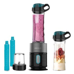 cecotec power titanium fresh and go batidora de vaso 650w 2 vasos de 600ml tubos refrigeradores incluidos 4 cuchillas recubiertas de titanio picahielos color negro y gris