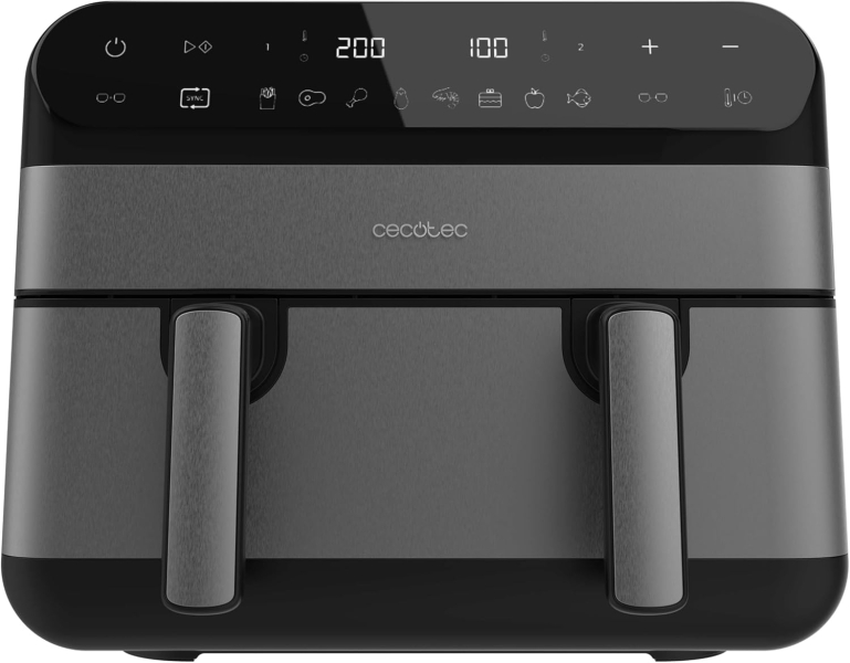 cecotec cecofry advance 9000 freidora de aire doble 2800w capacidad 9l temperatura regulable acero inoxidable panel tactil pared divisoria movil color negro y gris