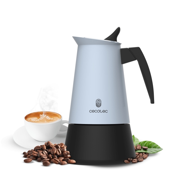 cecotec piccolina 900 cafetera italiana para 9 tazas acero inoxidable apta para gas, electrica y vitro junta hermetica de silicona mango ergonomico valvula de seguridad color azul claro