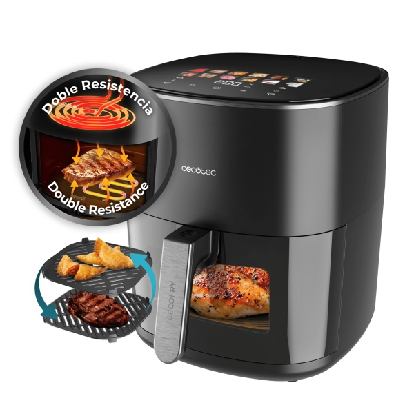 cecotec cecofry and grill 6500 freidora de aire 3 en 1 2200w capacidad 6.5l grill piedra para pizza temperatura regulable ventana de visualizacion doble resistencia color negro