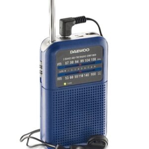 daewoo dw1008 radio portatil am/fm antena telescopica y sintonizacion analogica precisa altavoz integrado salida auriculares jack 3.5mm compacto y ligero para uso diario color azul